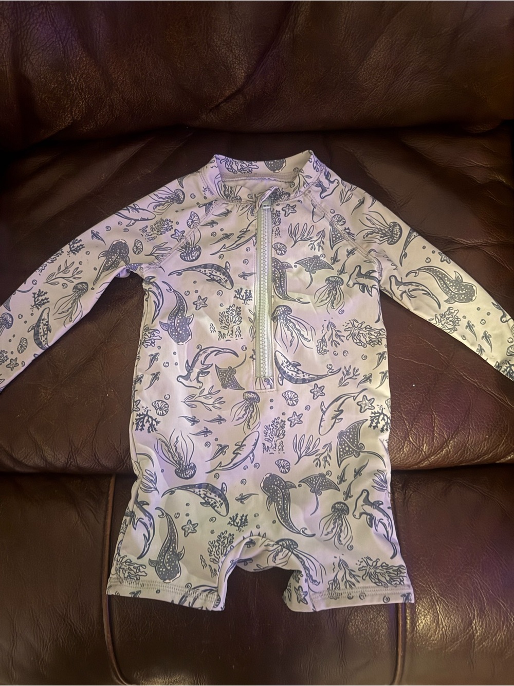 Kids Long Sleeve One-Piece Rash Guard Swimsuit in Light Pink with Sea Life Print